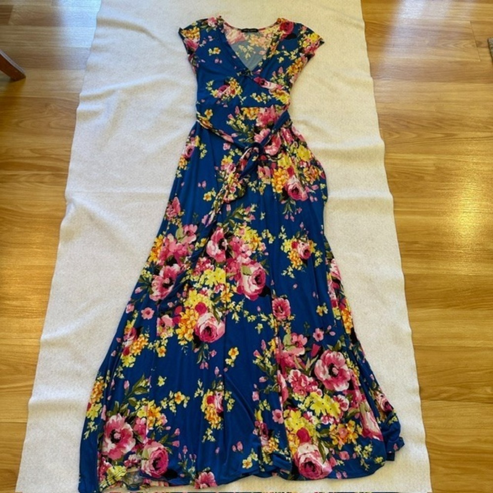 Janette Fashion Maxi Dress S Blue Floral V Neck Cap Sleeve Wrap Party Beach Boho